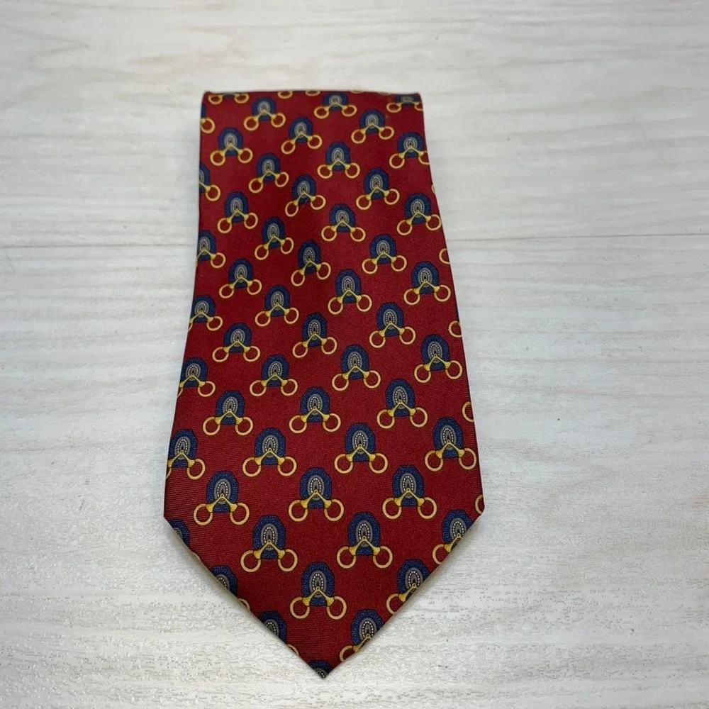 Paolo Gucci Mens OS Necktie Equestrian Horsebit Silk Red Blue Gold Made in Italy